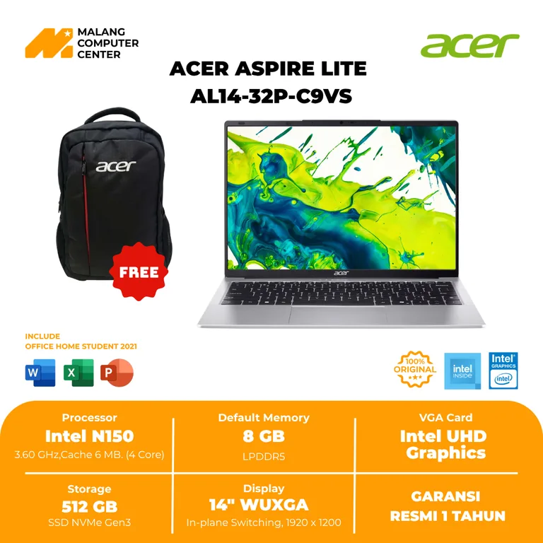 ACER  NB  ASPIRE LITE AL14-32P-C9VS N150/8GB/512GB SSD/14" IPS/WIN11 OHS SILVER