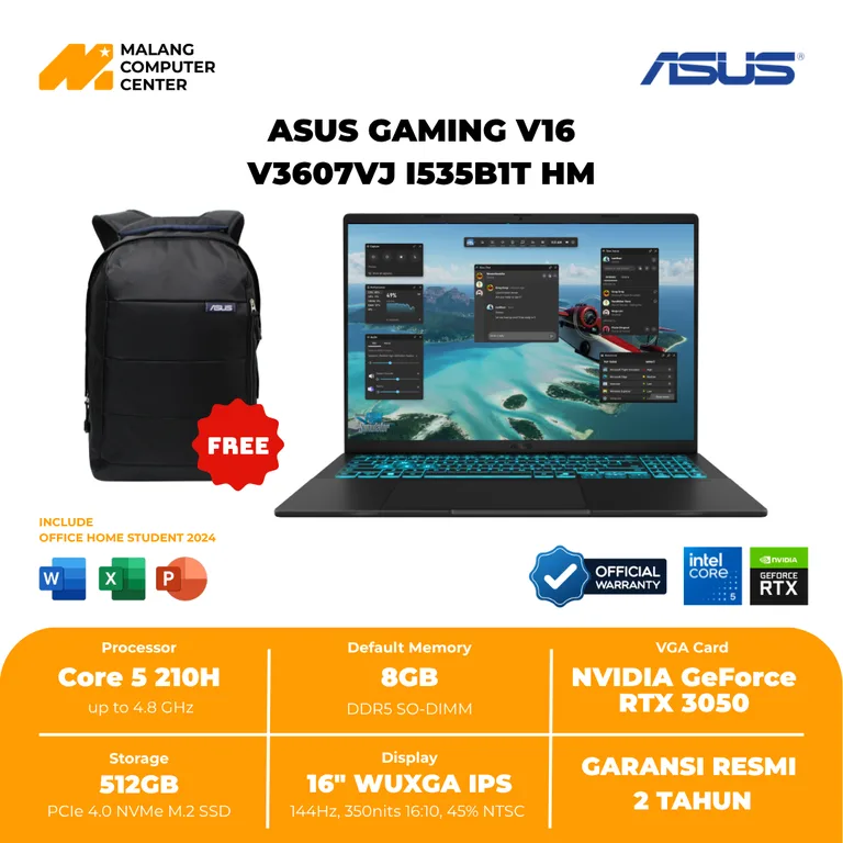 ASUS NB V3607VJ-I535B1T-HM CORE 5-210/8GB/512GB SSD/RTX3050 6GB/16" WUXGA/WIN11/OHS BLACK