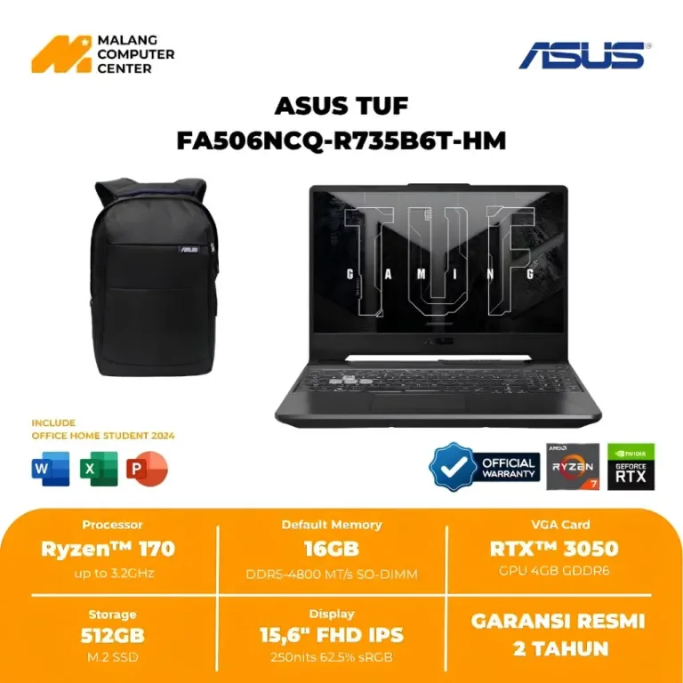ASUS NB TUF FA506NCQ-R735B1T-HM RYZEN 7 170/15.6" FHD/ RTX3050 4GB DDR6/8GB/512GB SSD/ WIN11 OHS/2Y/GraphiteBlack