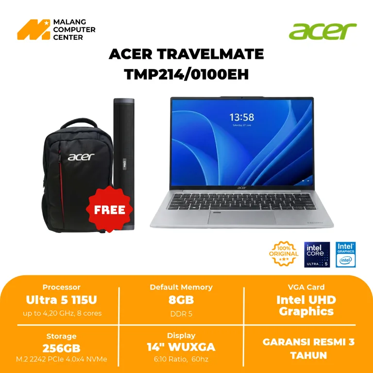 ACER NB TRAVELMATE TMP214/0100EH ULTRA 5 115U/8GB DDR5/256GB SSD/ / 14" WUXGA/WIN11 HOME