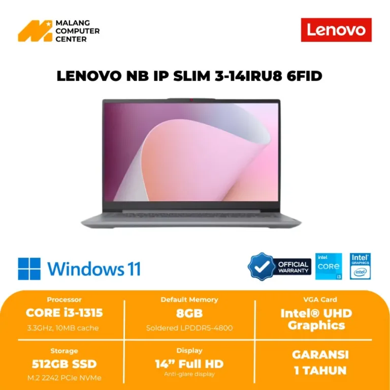 LENOVO NB IP SLIM 3-14IRU8 6FID CORE i3-1315/14"FHD/8GB/512GB SSD/WIN11 OHS24+365 - ARCTIC GREY