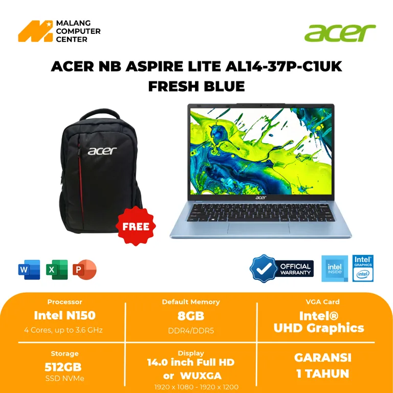ACER NB ASPIRE LITE AL14-37P-C1UK N150/8GB/512GB//14"WUXGA IPS/WIN11 OHS - FRESH BLUE
