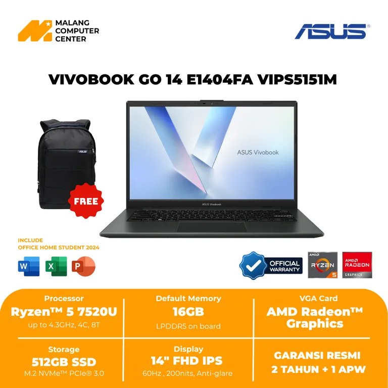 ASUS NB E1404FA-VIPS5151M RYZEN 5-7520U/16GB/512GB SSD/14" FHD IPS/WIN11/OHS BLACK