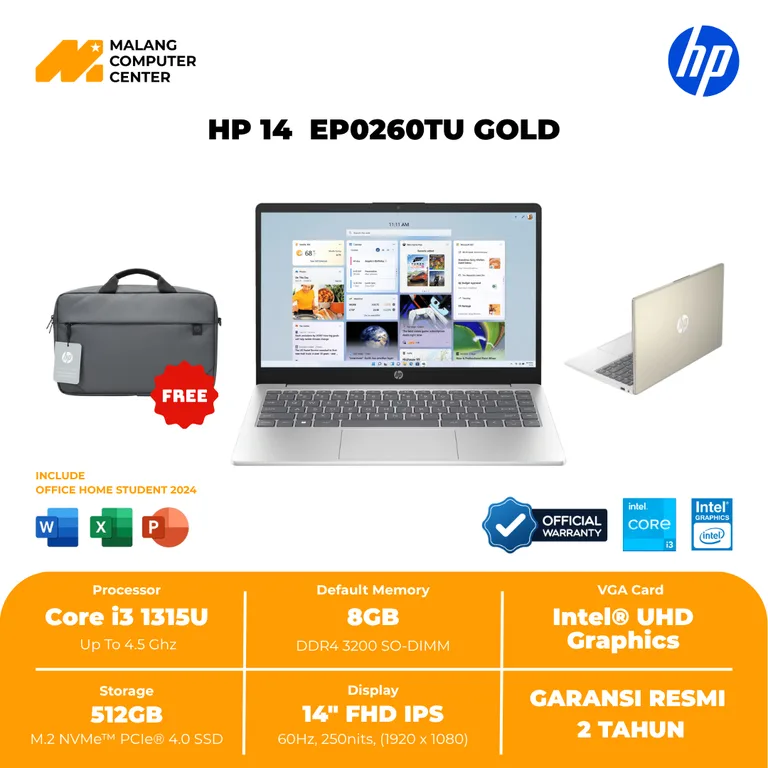 HP NB 14-EP0260TU CORE I3-1315U/8GB/512GB SSD/4" FHD/WIN11 OHS GOLD