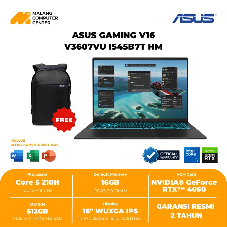 ASUS NB V3607VU-I545B7T-HM CORE 5 210H//16GB/512GB/RTX4050/16" WUXGA/WIN11 OHS - MATTE BLACK