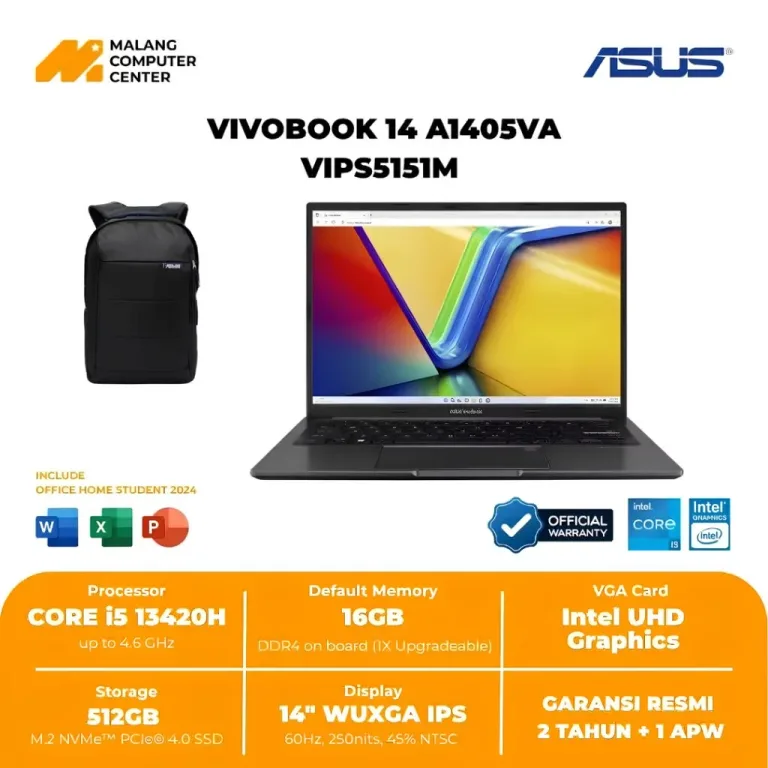 ASUS NB A1405VA-VIPS5151M  CORE i5 13420H/14" 2K IPS/16GB/512GB SSD/WIN11 OHS24 - BLACK