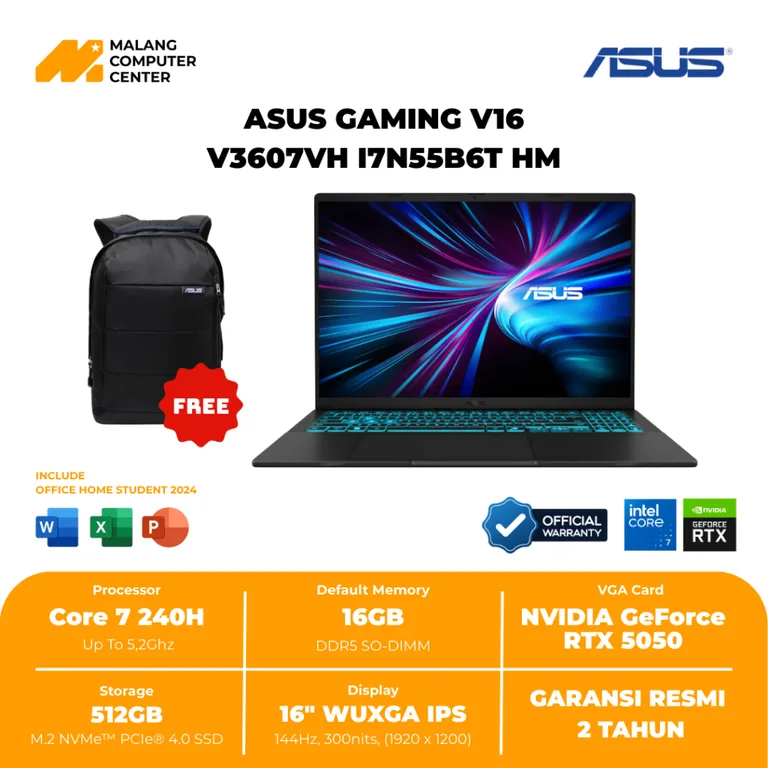 ASUS NB V3607VH-I7N55B6T-HM CORE 7-240H/16GB/512GB SSD/RTX5050/16" WUXGA/WIN11/OHS MATTE BLACK