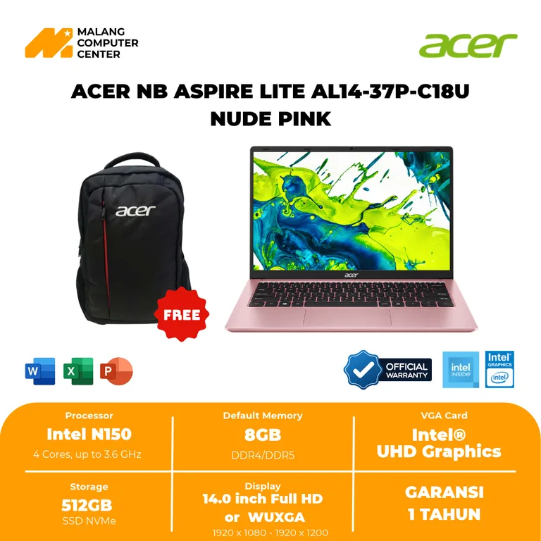 ACER NB ASPIRE LITE AL14-37P-C18U N150/8GB/512GB//14"WUXGA IPS/WIN11 OHS - NUDE PINK
