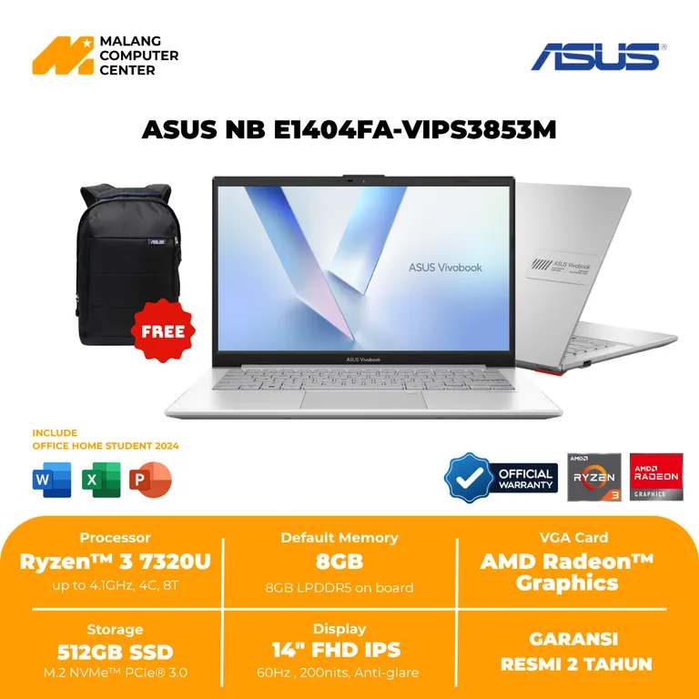 ASUS NB E1404FA-VIPS3853M RYZEN 3-7320/8GB/512GB SSD/14" FHD/ WIN11 OHS24 - SILVER