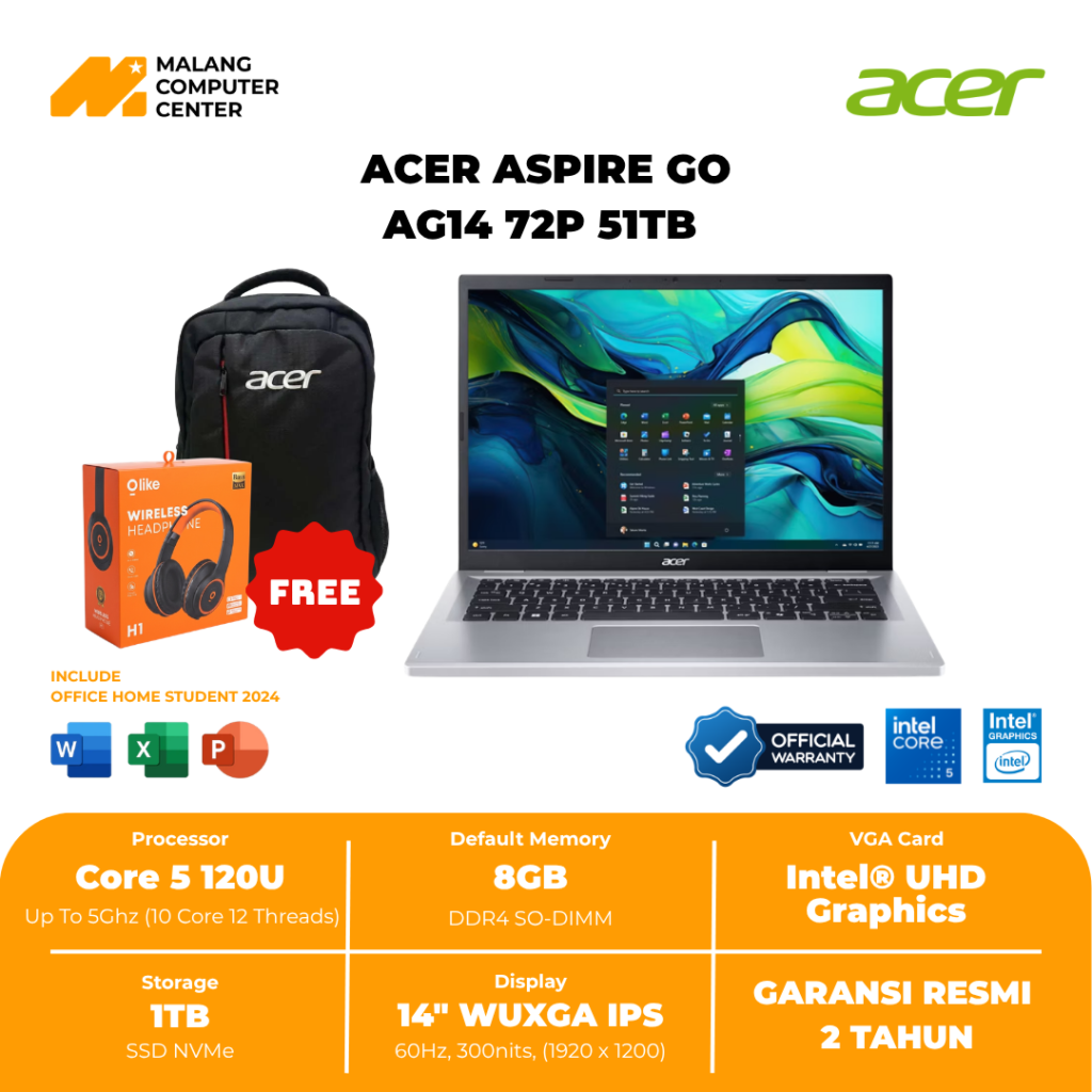 ACER ASPIRE GO AG14 72P 51TB CORE 5 120U/14" WUXGA IPS/UMA/8GB/1TB SSD/W11 OHS