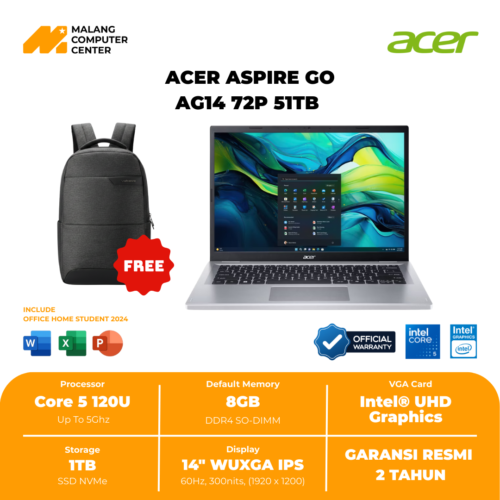 ACER ASPIRE GO AG14 72P 51TB CORE 5 120U/14" WUXGA IPS/UMA/8GB/1TB SSD/W11 OHS