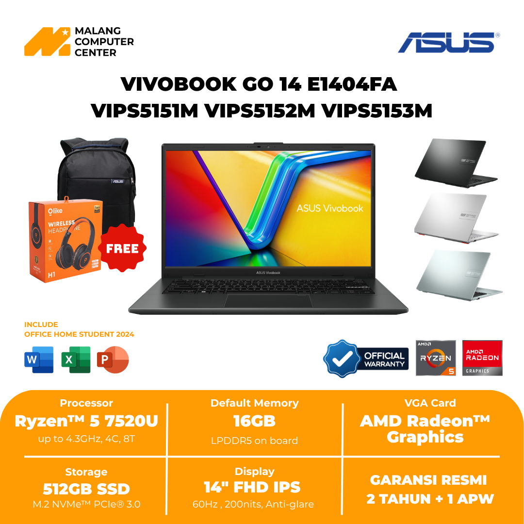 ASUS VIVOBOOK GO 14 E1404FA VIPS5151M VIPS5152M VIPS5153M R5 7520/14" FHD IPS/UMA/16GB/512GB SSD/WIN11 OH24+M365