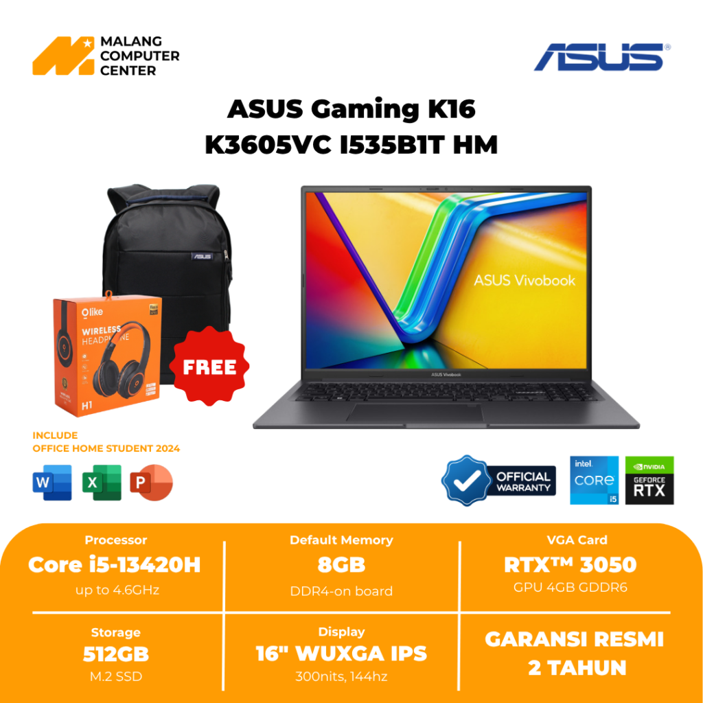 ASUS GAMING K16 NB K3605VC-I535B1T-HM BLACK CORE i5 13420H/16" WUXGA IPS/RTX3050/8GB/512GB SSD/W11 OHS