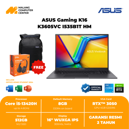 ASUS GAMING K16 NB K3605VC-I535B1T-HM BLACK CORE i5 13420H/16" WUXGA IPS/RTX3050/8GB/512GB SSD/W11 OHS