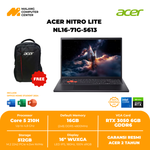 ACER NITRO LITE NL16-71G-5613 CORE 5-210/16GB/ 512GB/RTX3050 6GB/16" IPS/WIN11 OH24+M365 - BLACK