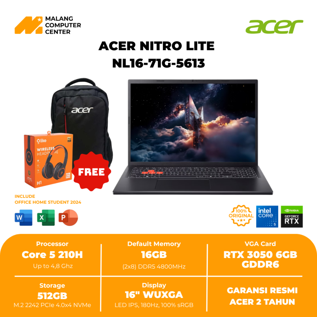 ACER NITRO LITE NL16-71G-5613 CORE 5-210/16GB/ 512GB/RTX3050 6GB/16" IPS/WIN11 OH24+M365 - BLACK