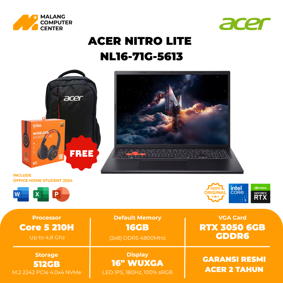 ACER NITRO LITE NL16-71G-5613 CORE 5-210/16GB/ 512GB/RTX3050 6GB/16" IPS/WIN11 OH24+M365 - BLACK