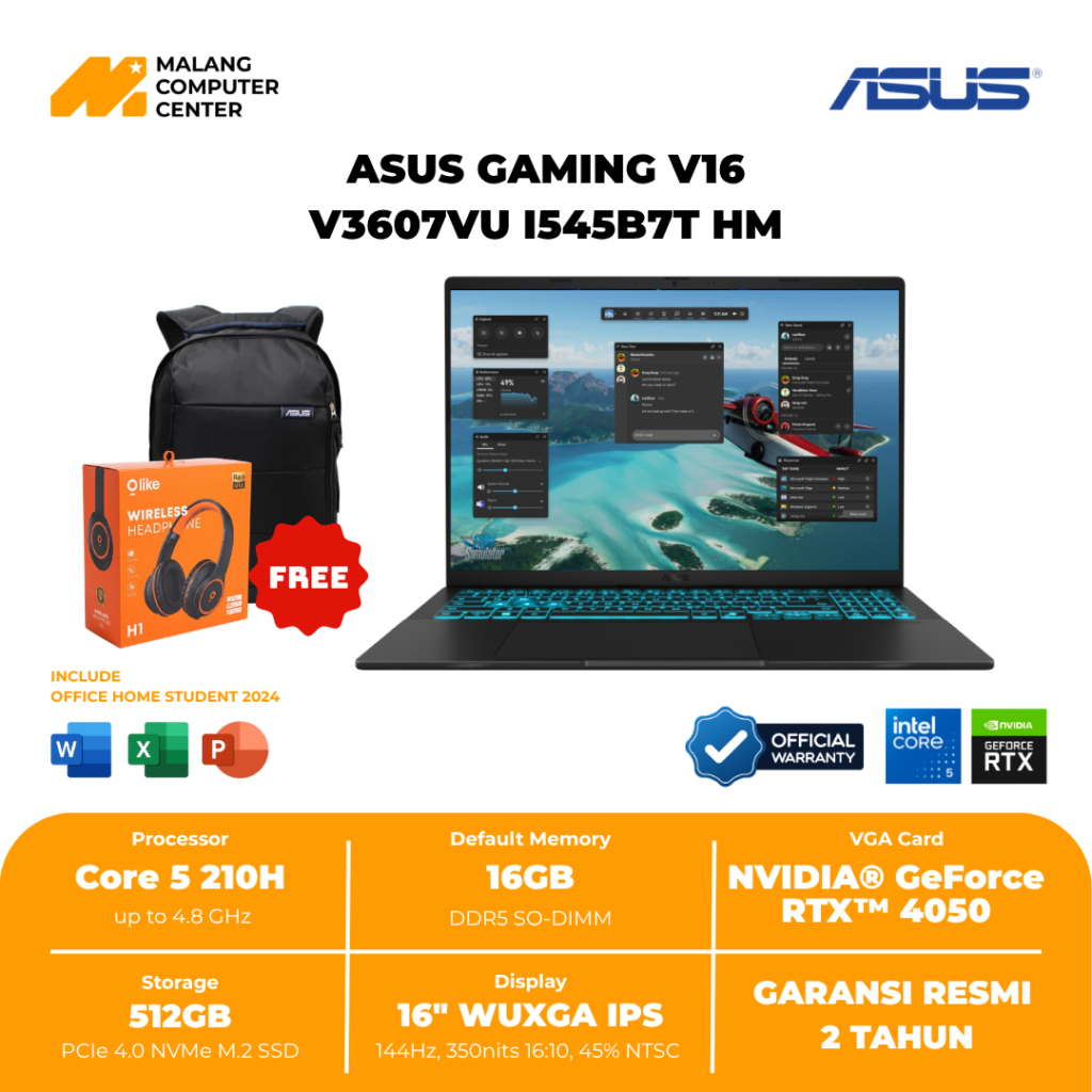 ASUS GAMING V16 V3607VU-I545B7T-HM CORE 5 210H /16" WUXGA/RTX4050/16GB/512GB/WIN11 OHS - MATTE BLACK