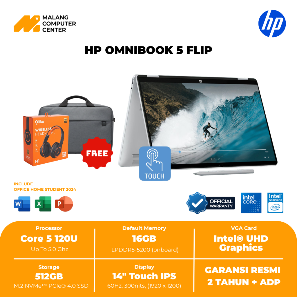 HP OMNIBOOK 5 FLIP 14-FP0556TU CORE 5-120/16GB/512GB SSD/14" TOUCH/WIN11 OHS24 - SILVER