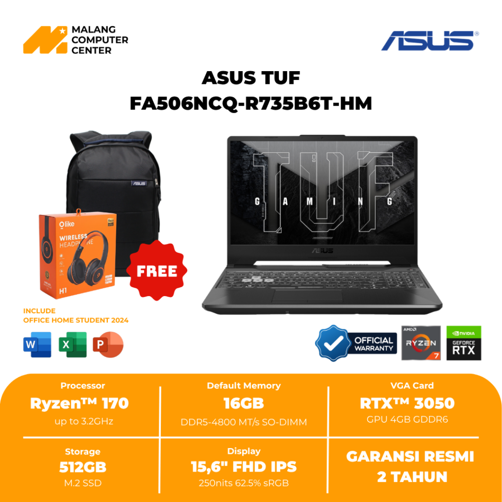 ASUS TUF FA506NCQ R735B6T HM AMD RYZEN 7 170/15.6" FHD/ RTX3050 4GB DDR6/16GB/512GB SSD/ WIN11 OHS - BLACK
